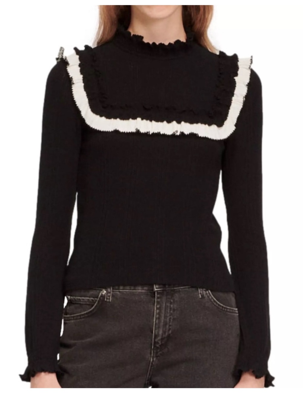 Sandro Black Long-Sleeve Ruffle-Trim Sweater
